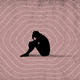 Illustration of a woman bent over in sadness, surrounded by wavy rings on a pink background