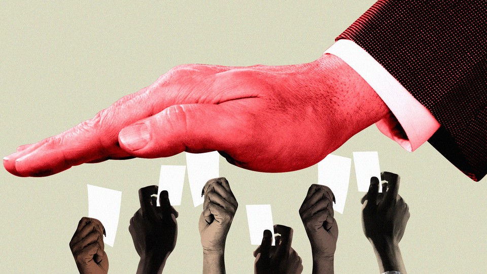 A white person's hand looms over the hands of people of color holding ballots.