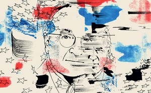 An illustration with a black-ink sketch of Harry Truman's face blending into a smaller sketch of Joe Biden, with black-inked stars and red and blue blotches on a beige background