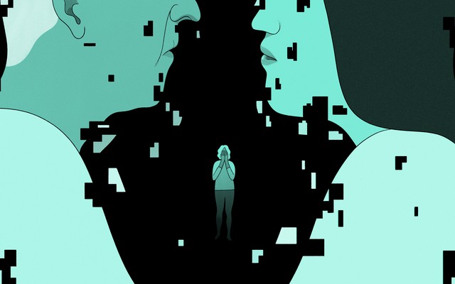 An illustration of a man and a woman in profile with another woman standing between them and covering her face