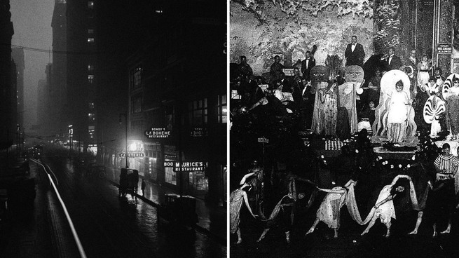 A split collage of a black-and-white photo of a Chicago street in the 1920s (left) and a black-and-white photo of a drag ball in Harlem in the 1920s (right)