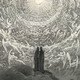 black-and-white engraving of two cloaked figures standing before vast concentric rings of thousands of angels spiraling up toward the sun