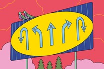 A billboard featuring various arrows pointing different ways