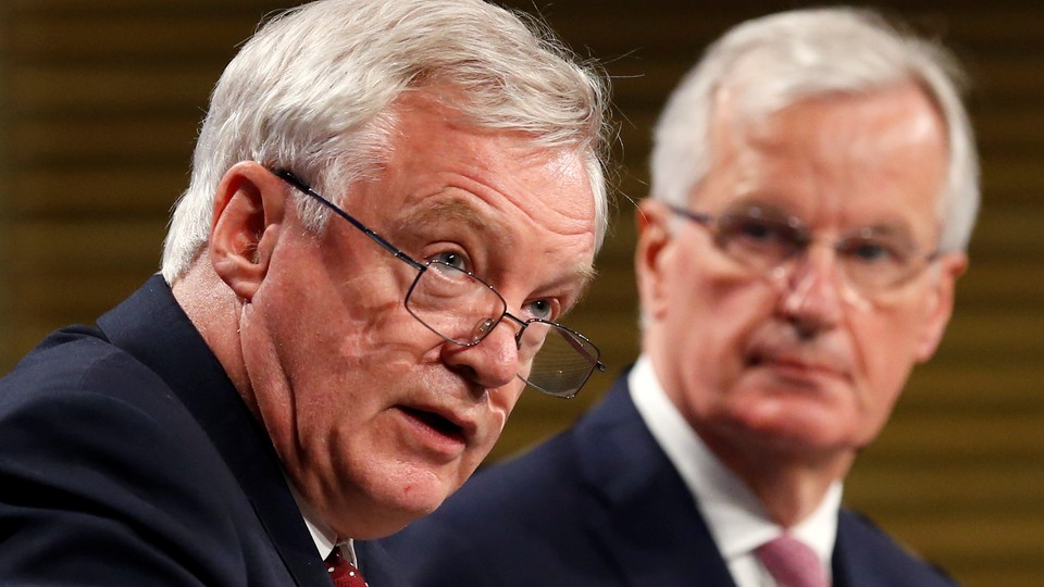 David Davis, the U.K. Brexit Secretary, and Michel Barnier, the EU’s Chief Brexit Negotiator, hold a joint press conference concluding the second round of Brexit talks in Brussels, Belgium on July 20, 2017. 