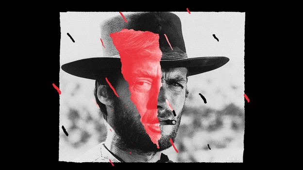 Clint Eastwood in "The Good, the Bad and the Ugly" with a tear across his face that reveals a photo of Donald Trump