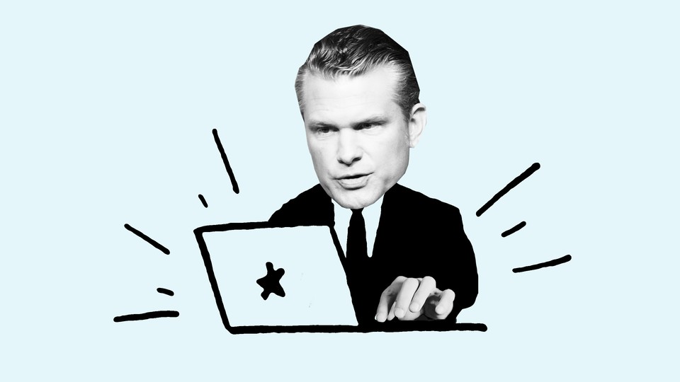 Graphic illustration of a photo of Pete Hegseth's head with a hand-drawn body typing on computer.