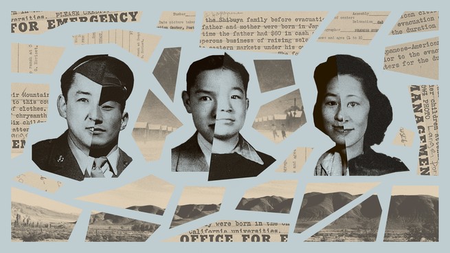 Photo collage of Japanese American incarceration camps, snippets of text, and photos of Japanese Americans during World War II