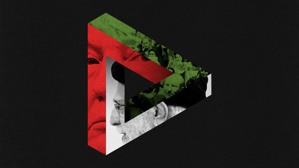 Illustration showing Trump, Iran imagery, and an optical illusion