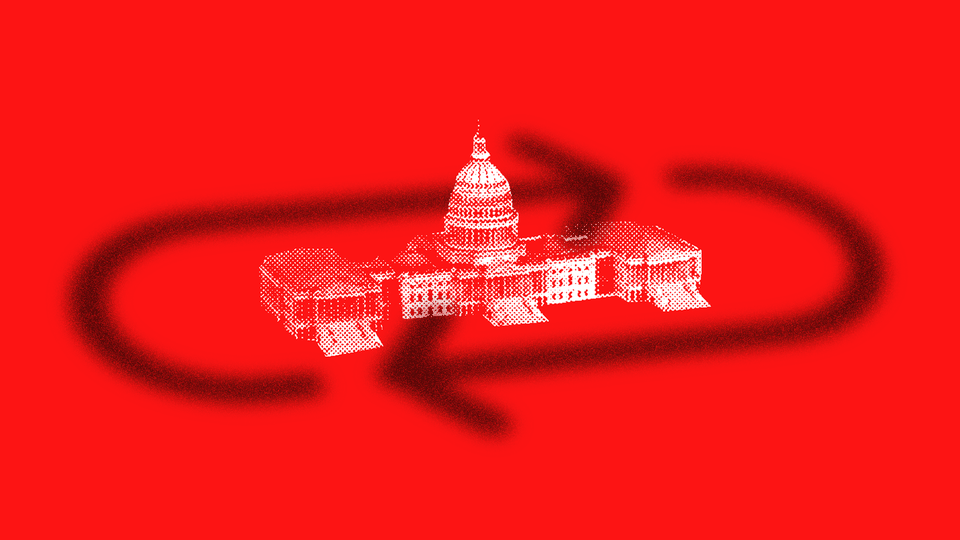 An illustration shows two dark arrows circling the white U.S. Capitol building. The illustration's background is red.