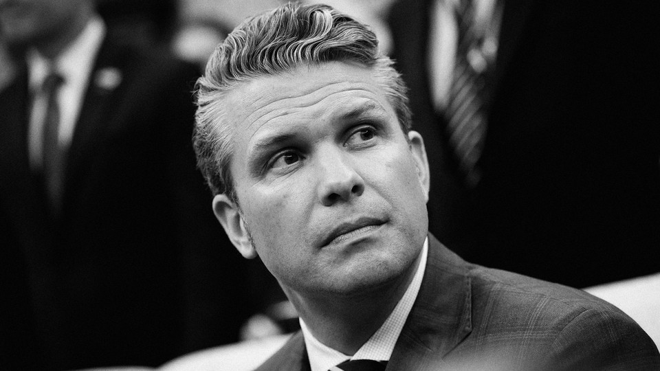 A black and white photograph of Pete Hegseth