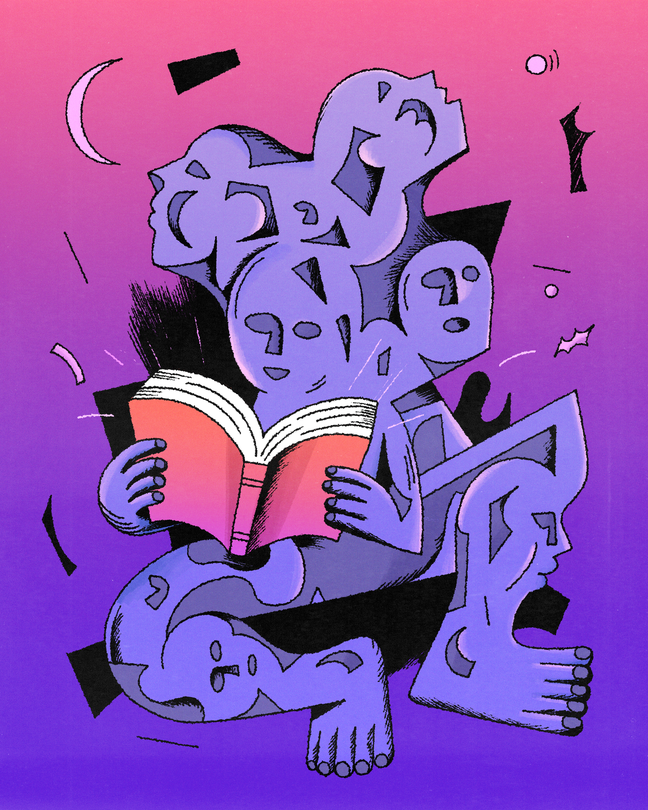 A many-faced purple figure reading a book