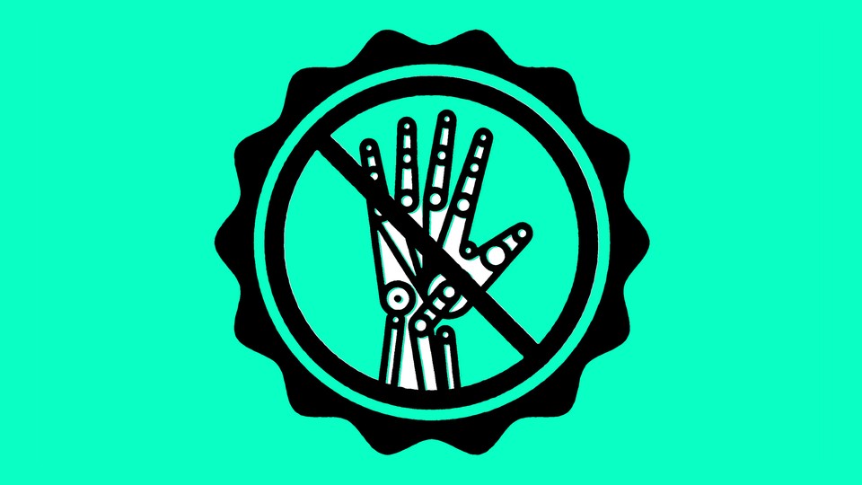 Illustration of a robotic hand beneath a "no" symbol