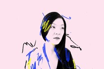 A stylized image of Elaine Hsieh Chou on a pale pink background, with blue, yellow and black squiggles around her head.