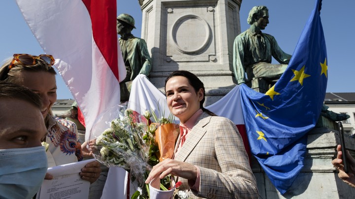 Belarusian opposition leader Svetlana Tikhanovskaya at a protest on the Place du Luxembourg in front of the European Parliament.