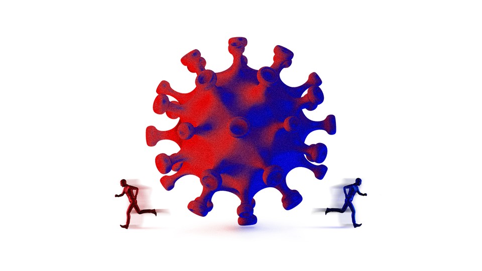 A virus with a red person and a blue person running from it in opposite directions