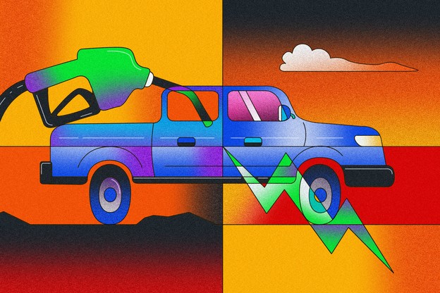 An illustration of a pickup truck with a gas pump and a lightning bolt.
