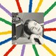 A starburst of colorful stripes including purple, yellow, green, red, and blue extend out from a black-and-white photo of a young woman resting her head next to a radio.