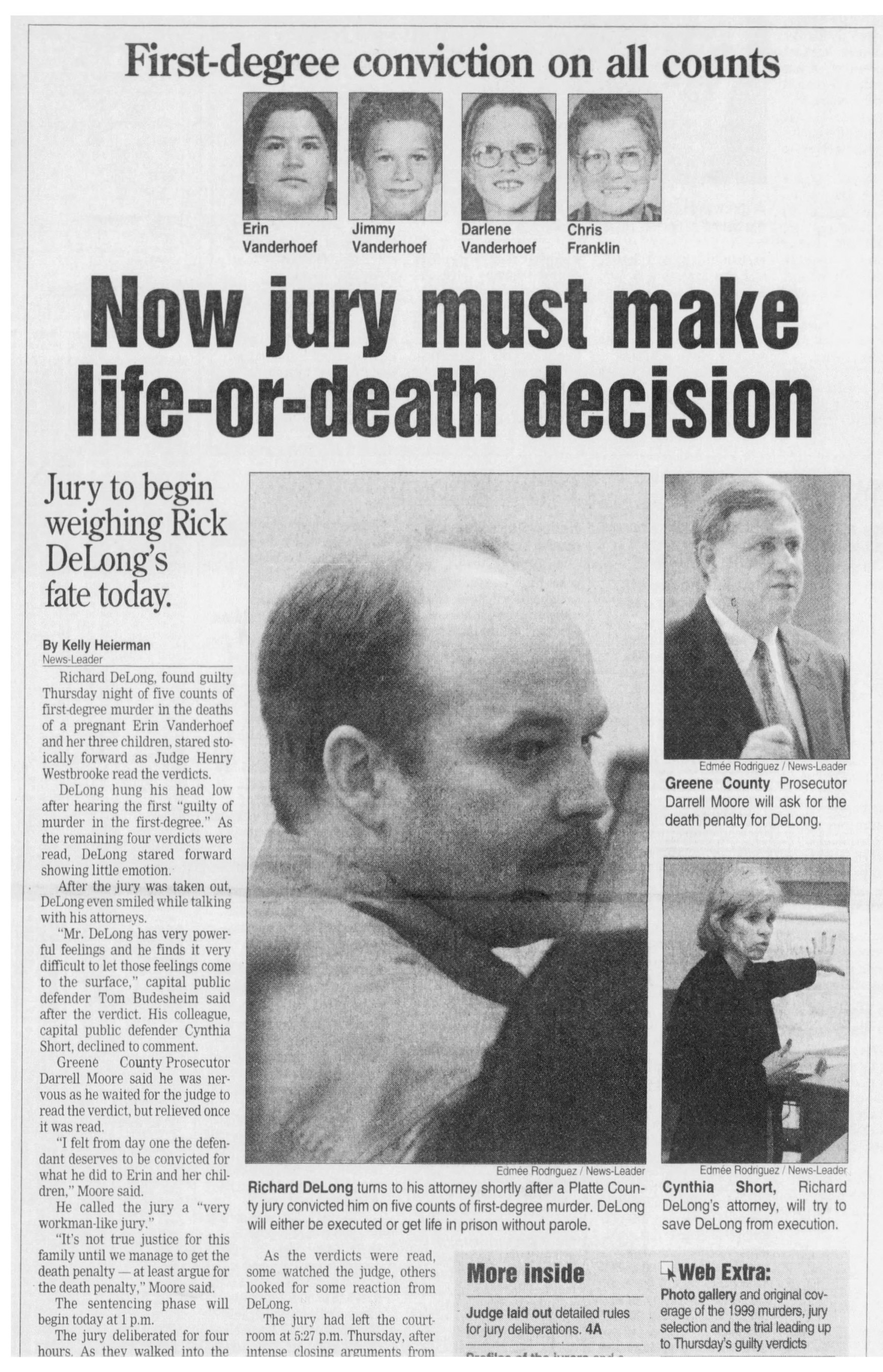 A newspaper clipping from the trial showing a photo of Cyndy in the courtroom.