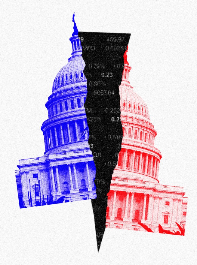 An illustration of a red and blue Capitol divided.