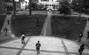 A black and white photo of the campus of Amherst College.