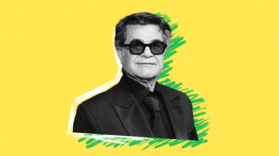 A black-and-white photo of Jafar Panahi overlayed onto a green scribble above a yellow diagonal-striped background