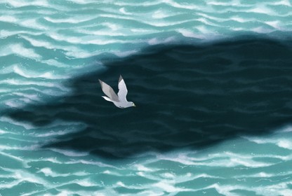 An illustration of a kittiwake flying over the sea