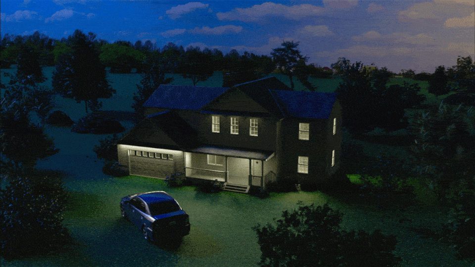 Gif of a suburban home with lights turning on randomly.