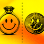 An illustration showing a triptych of smiley faces: one inside a diamond ring, one inside a quarter, and one inside a magnifying glass