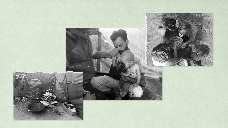 A collage of three black-and-white photos of the Ferany family, showing a cat next to an empty pan, the father feeding a baby from a small pot, and four children eating from a pot.