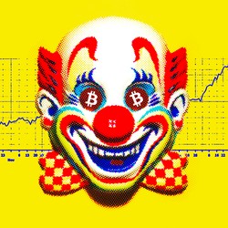 An image of a clown with the Bitcoin logo in its eyes