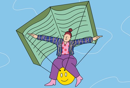 An illustration showing a woman using an open book as a parachute