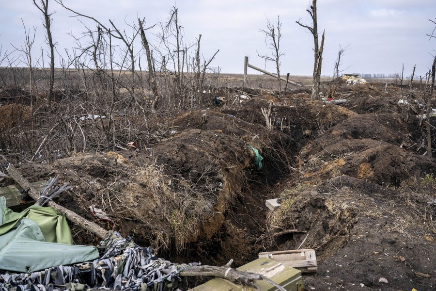 Shattered trees stand near torn-up ground and a shallow trench in a battlefield.