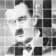A grid of white lines over squares of two interlaced black-and-white photos, a portrait of Thomas Mann and a picture of a snowy mountain slope