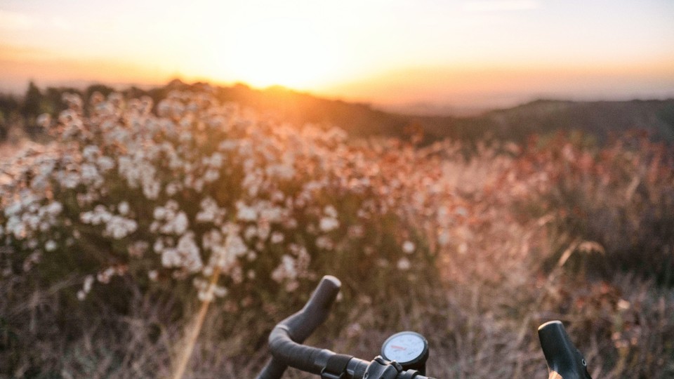 The handlebars of a bicycle in front of a natural, hilly background