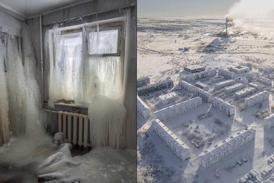 At left, ice intrudes into a living space, at right, an aerial view of some of the abandoned buildings and an industrial facility.