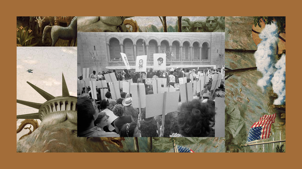 A black-and-white photo of protesters holding up picket signs with the images of murdered civil-rights workers James Chaney, Andrew Goodman, and Michael Schwerner. The image is set into a frame featuring The Experiment’s show art.