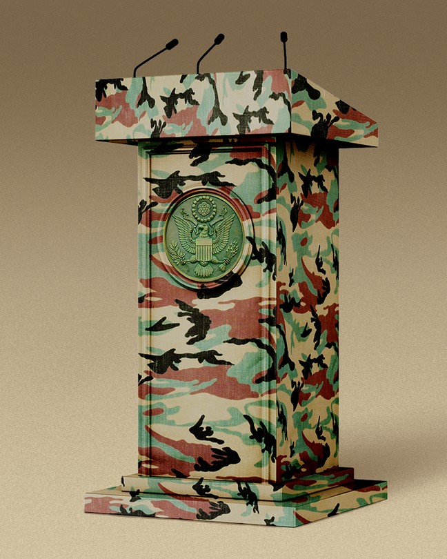 An illustration of a political podium decorated with military camouflage.