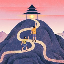 illustration of two friends climbing a mountain
