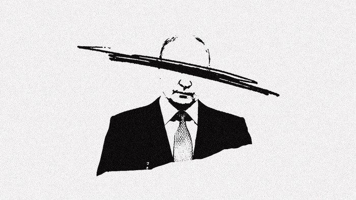 A black-and-white photo illustration of Vladimir Putin with his eyes scratched out