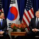 President Trump and South Korean President Moon Jae-in smile