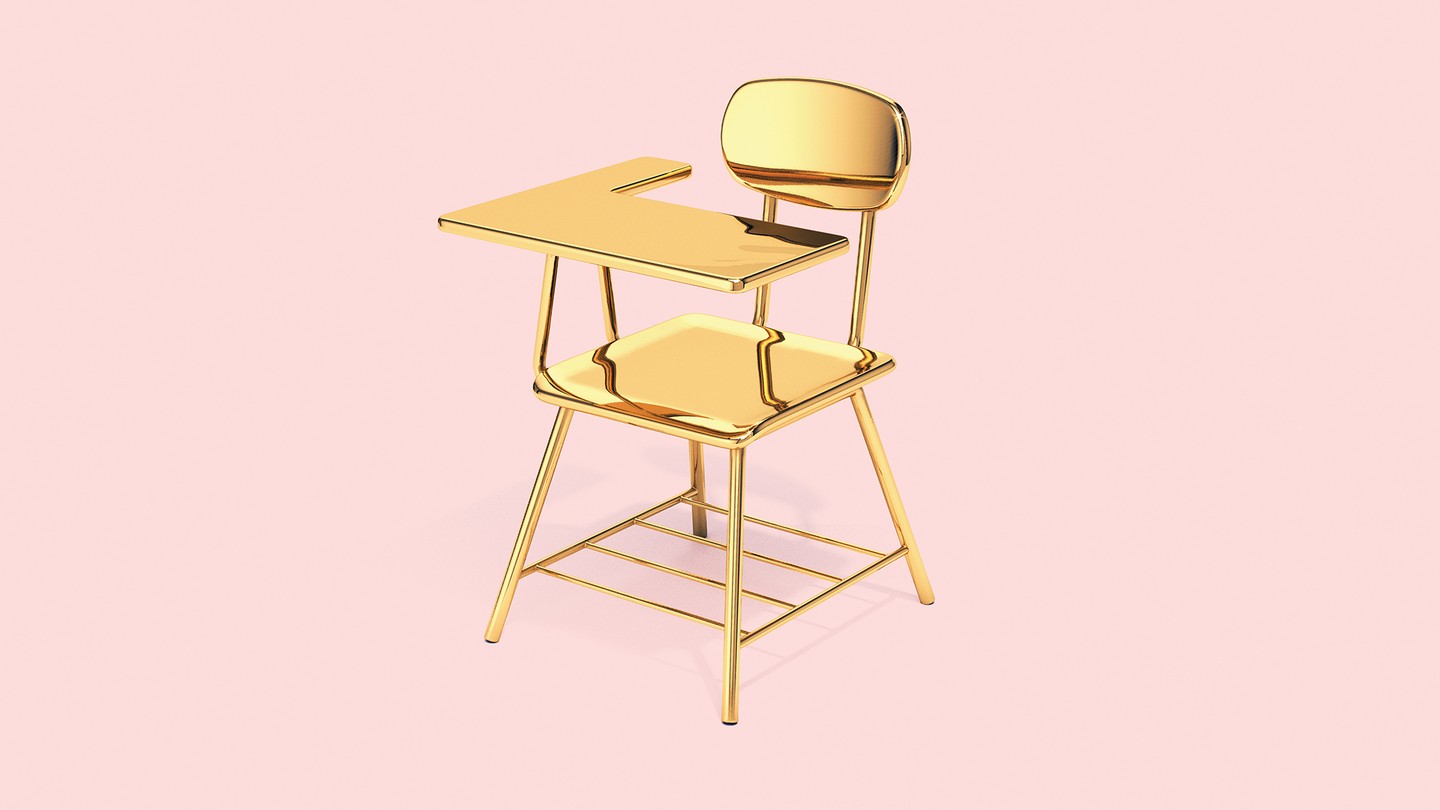 illustration: a solid gold school desk on a pink background