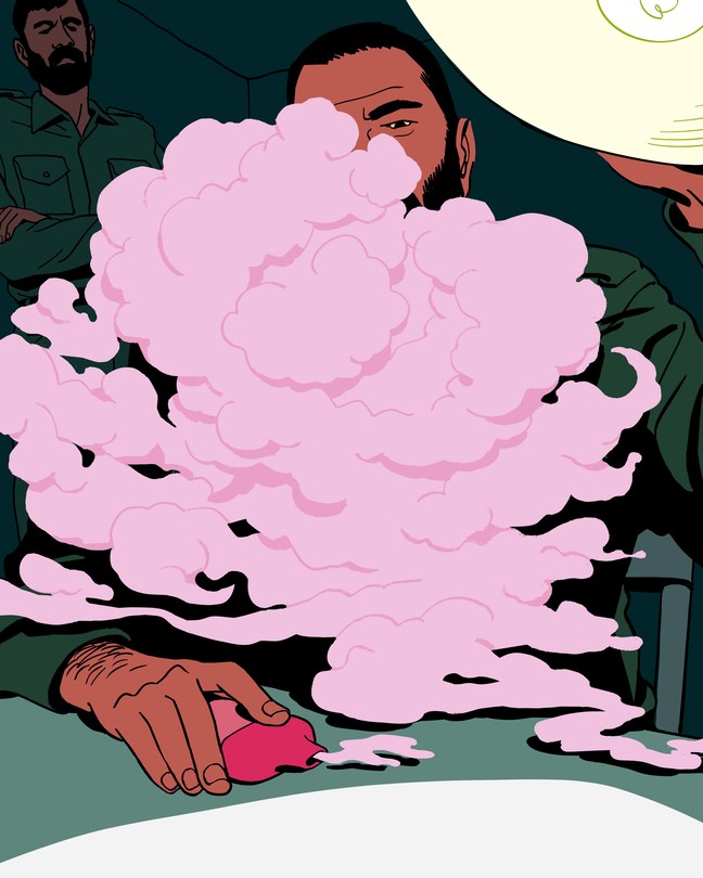 A man partially obscured by swirling pink vapor, sits at a table gripping a pink vape. Another figure stands in the shadowy background.