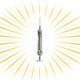 A syringe at the center of a golden starburst