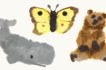 Fuzzy watercolor paintings of a gray whale, a yellow butterfly, and a brown bear