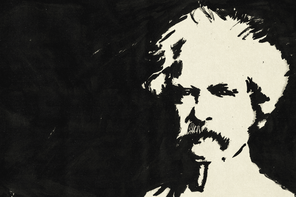 illustration of black-and-white ink sketch of Mark Twain