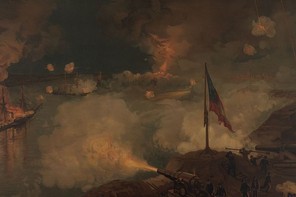 painting of Civil War battle with cannons firing on ships
