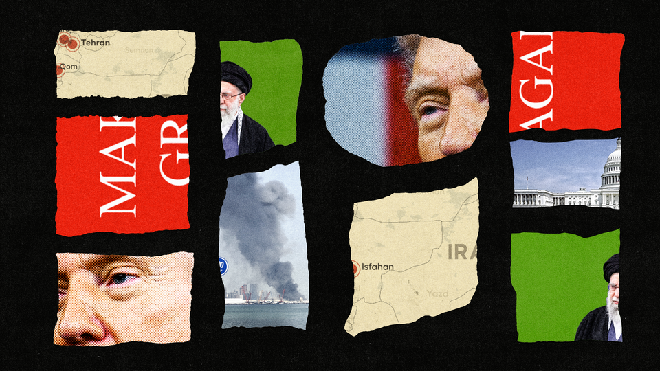 A collage of "Make America Great Again," Iran, Washington, Donald Trump, and Ali Khamenei