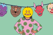 An illustration of Halloween masks hanging from a clothesline. A person is standing behind a smiley-face mask hanging from the clothesline.