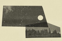 a collage of the moon and.a starry night pasted over a field of trees