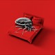 A black-and-white graphic of a giant bedbug on top of a red bedspread, against a red backdrop